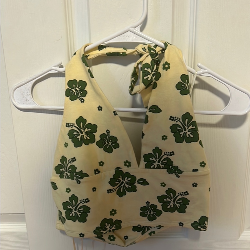 Garage Cream and Green Tie Front Crop Tank Top